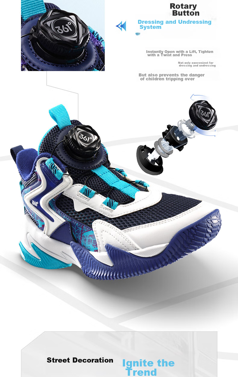 361° Hanjiang | Children's Basketball Shoes, Spring And Autumn Practical, for Ages 3-7, Rotary Buckle Basketball Shoes, Black Size 28 21