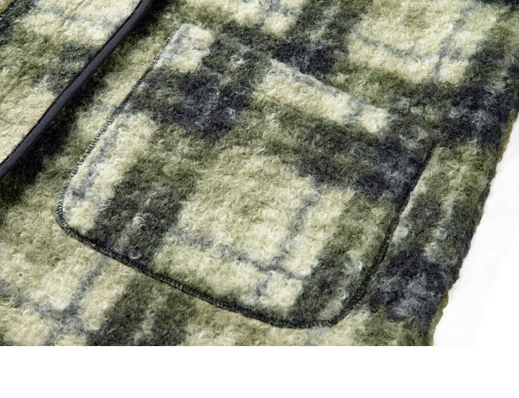 Dme [Vintage Elegant Top] Eye-Catching Plaid Green Relaxed Faux Shearling Jacket for Wome 14