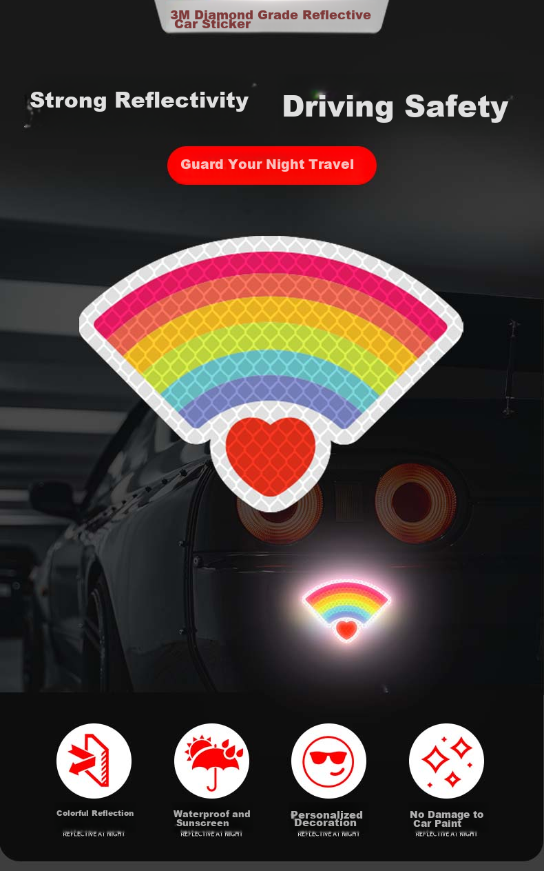 3M Reflective Warning Tape, Luminous Sticker for Electric Bikes And Motorcycles, Scratch Cover, Diamond Grade - Rainbow Signal Heart A11cm*7.9cm (1 Piece/bag) 1