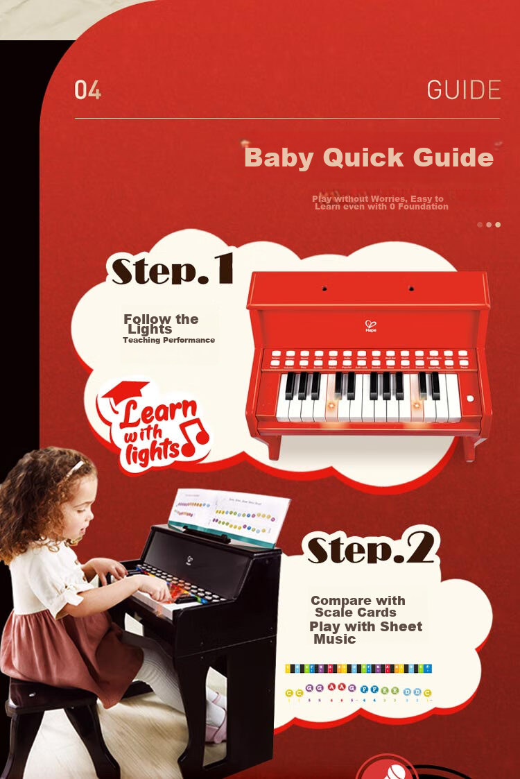 Hape (Germany), Children's Piano Toy Instrument, 25 Keys, Light-Up Teaching Piano, Red, Girl's Birthday Gift, E0630 6