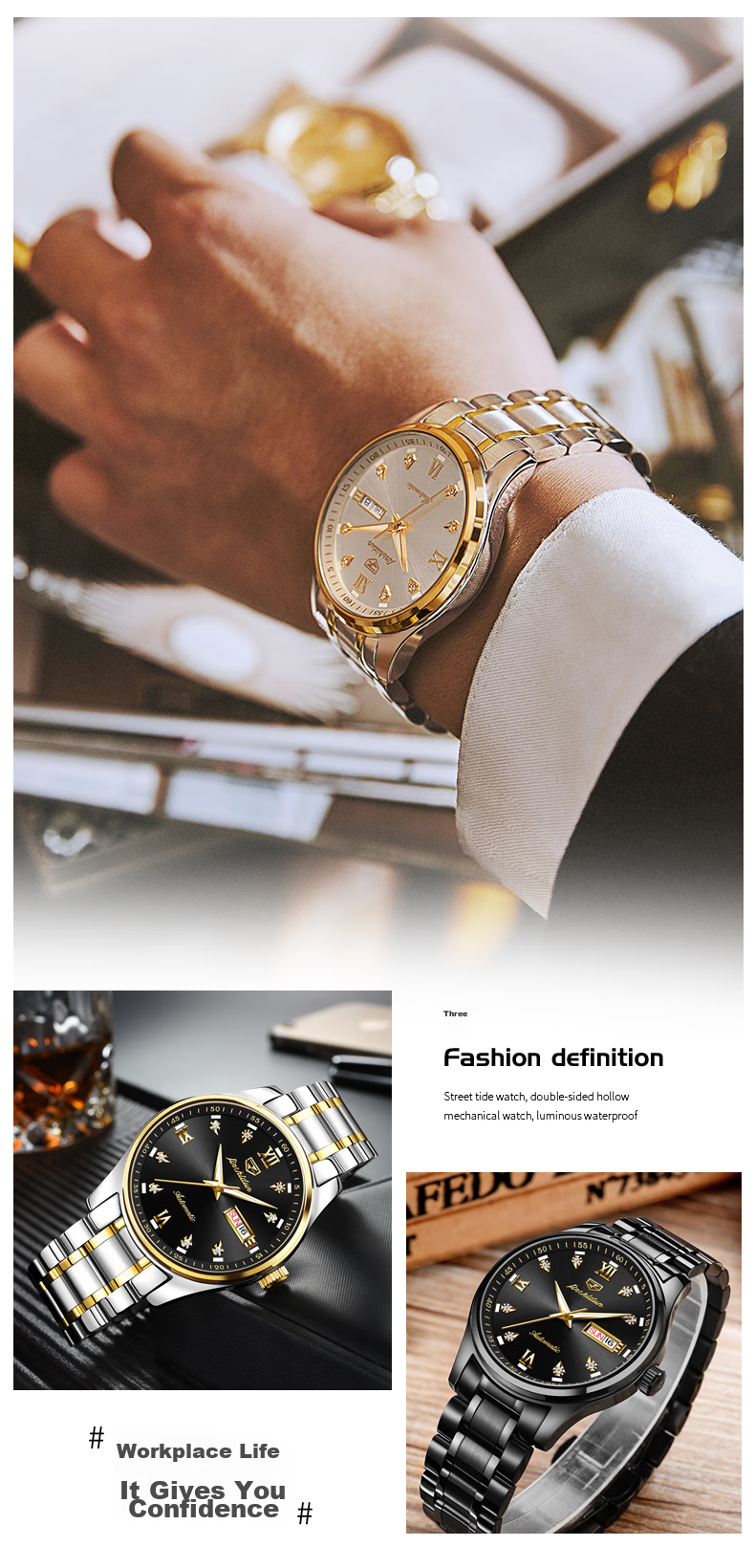 JIN SHI DUN Men's Automatic Mechanical Watch Swiss Certified Brand Luminous Ruby Bearings Valentine's Day Gift for Boyfriend 9