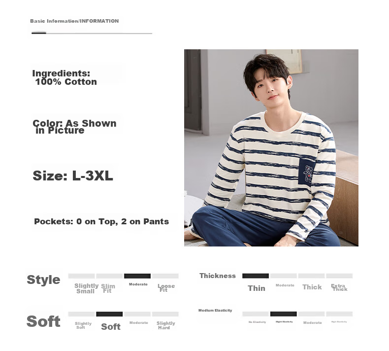 FENTENGCARE [100% Pure Cotton Breathable] Men's Pajamas, Spring And Summer Round Neck Pullover Long Sleeve Loungewear, Suitable for Outdoor Wear QH 4