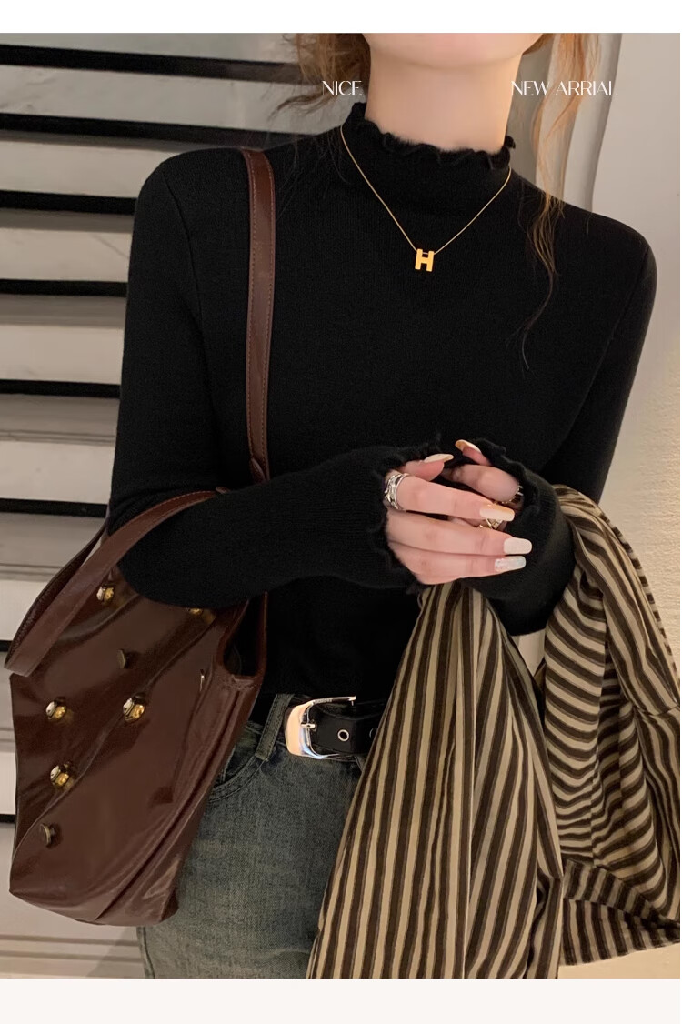 XUEXIMAN Knitted Sweater for Women, 2025 New Style, Solid Color Inner Layer, Semi-Turtleneck Top, Versatile Ruffle Trim Base Layer for Spring And Autum 17