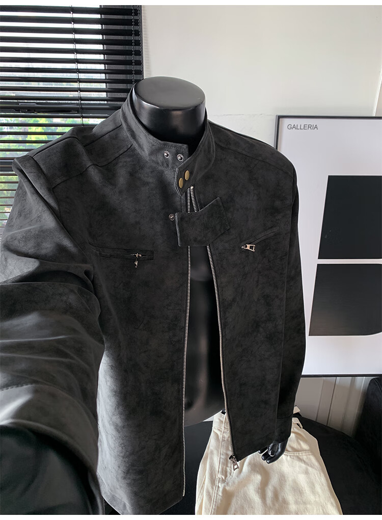 IZEXX Men's American Style Tie-Dye Jacket Autumn Winter Stand Collar Trendy Shoulder Motorcycle Leather Jacket ZGJ58 Black XL 4