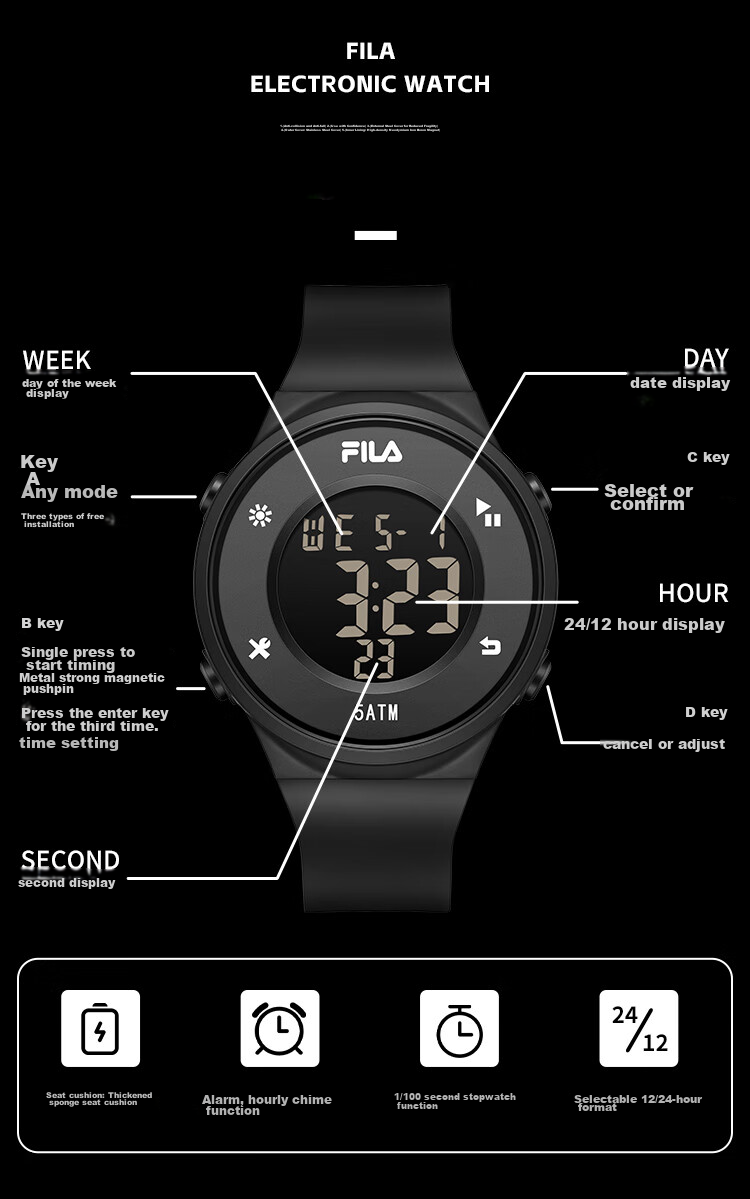 FILA Electronic Watch, Luminous Digital Watch, Sports Watch, Student Watch, Exam Watch for Middle And High School Students, 6557-017 3