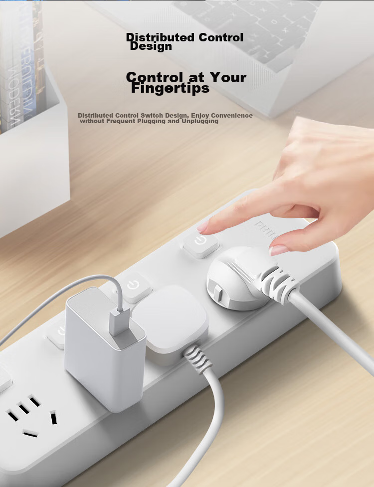 PHILIPS New National Standard Safety Power Strip Side Plug Socket 2.8m Split Control 6 Outlets Two-Prong Three-Pin Socket Travel Portable Multi-Outlet Extension Cord Power Board 10