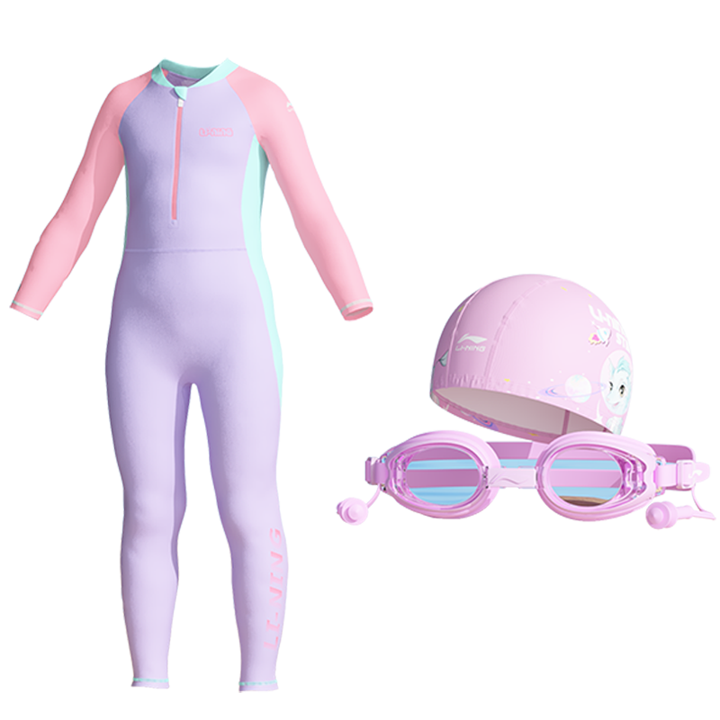 LI-NING Kids Girls One-Piece Swimsuit Surfing Suit Quick-Dry Sun Protection Training Swimwear Set with Goggles and Swim Cap 719 Purple Size 130