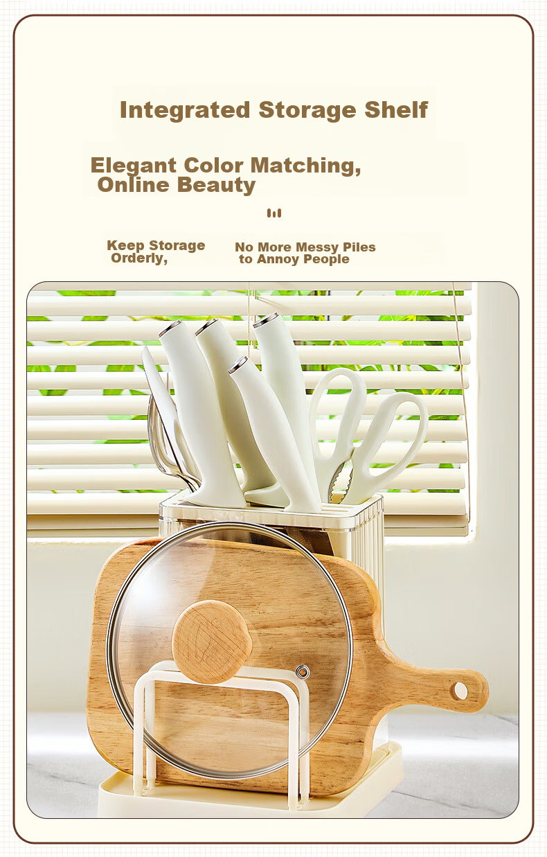 COOKER KING Knife Holder Storage Rack, Cream-Colored Multifunctional Cutting Board Rack, Chopstick Cage And Knife Organizer, Chopsticks Spoon Cutting Board Stand 3