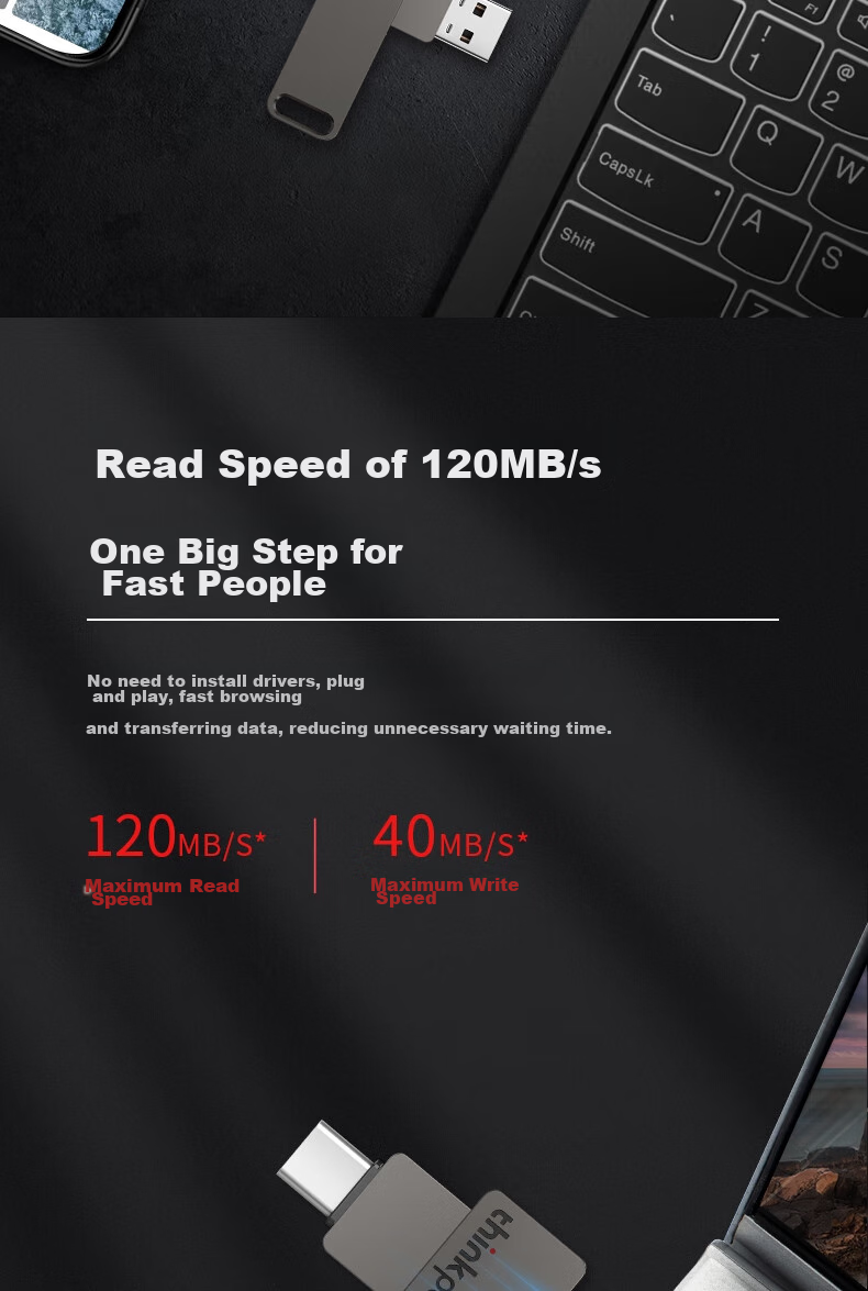 ThinkPlus Lenovo Flash Drive 32GB Dual-Use for Phone And Computer, Compatible with Apple 15, USB3.2 High Read Speed, Type-C Dual Interface Metal USB Drive MU110 Series 3