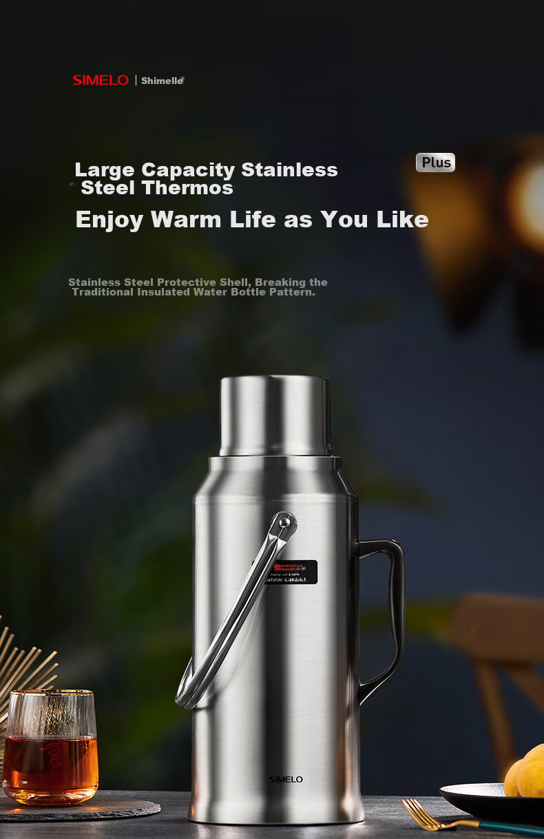 SIMELO Insulated Bottle, Large Capacity for Home Use with Glass Inner Liner, Hot Water Thermos for Student Dormitory, Warm Water Jug, Kettle, 3.2L 2