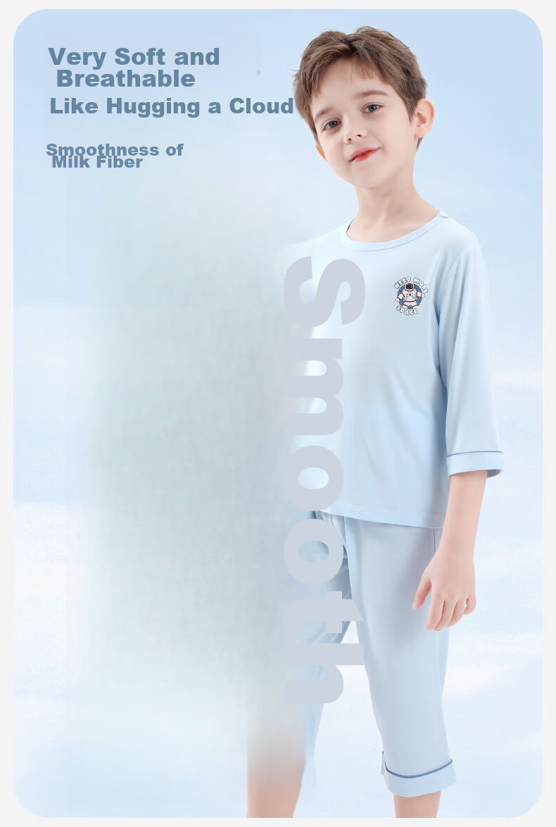 Duomiaowu Children's Pajamas, Boys' Summer Thin Modal Short-Sleeve Home Wear Set, for Older Children, 10838 Deep Sea Blue, Size 140 6