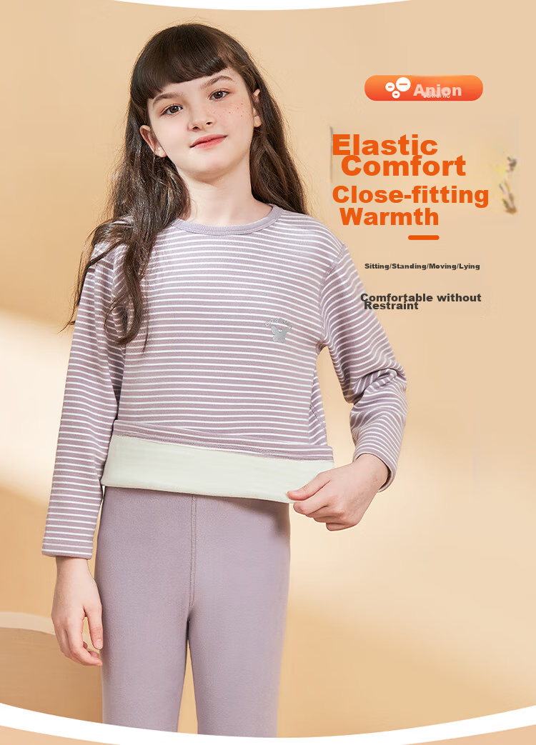 LangSha Children's Thermal Underwear Set, Girls' Autumn And Winter Yang Ion Fleece Pajamas, Home Wear, Girls' Autumn Top And Pants Set, Pink-Wide Stripes, 130 (Recommended Height 120-130cm) 10