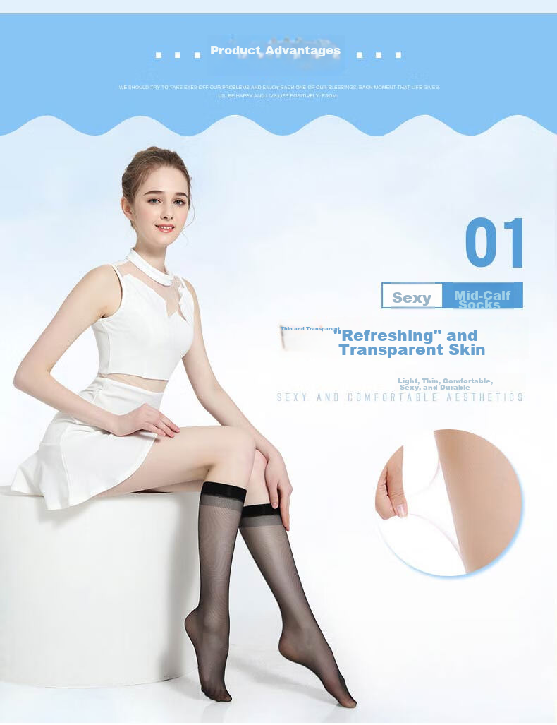 LangSha Mid-Calf Stockings for Women, Short Ultra-Thin Flesh-Colored Semi-Transparent Invisible Thigh-High Socks, Black Skin Color, 5 Pairs Each, One Size Fits All 3
