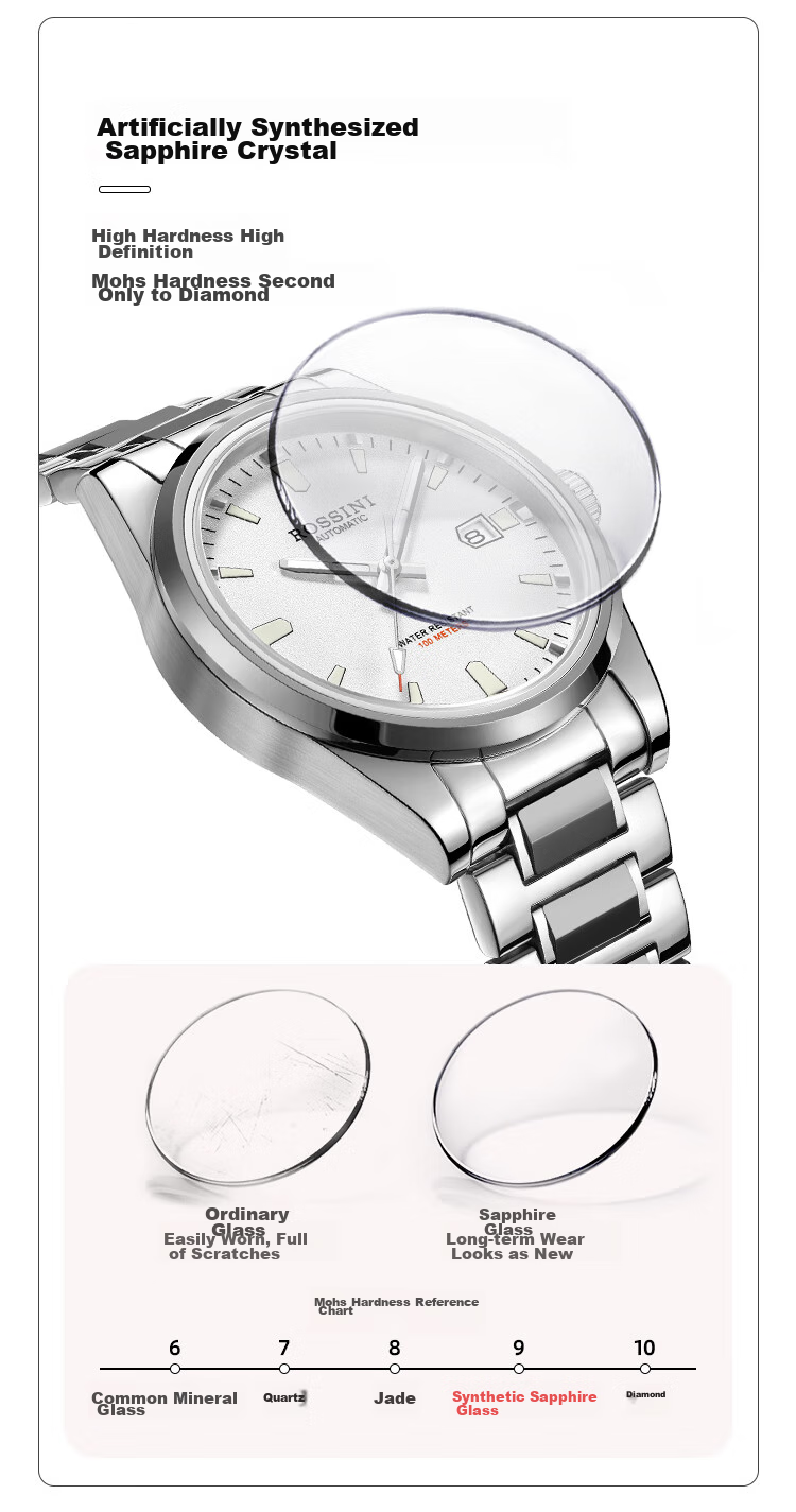 ROSSINI Men's Mechanical Watch, Birthday Gift for Men, Luminous, Water-Resistant, Black Dial, Tungsten Steel Strap, 5240209 17