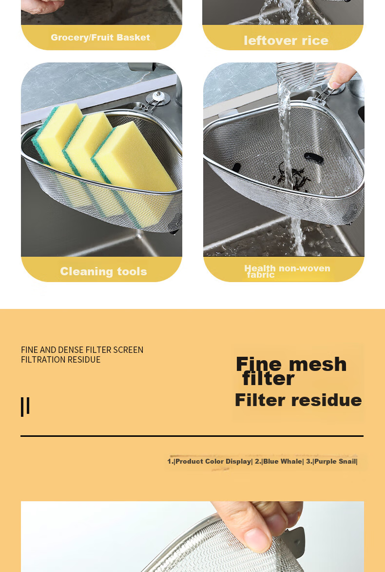 BJ Triangle Sink Strainer, Stainless Steel Kitchen Utensil, Multifunctional Drain, Food Waste Collector, Storage Rack 4