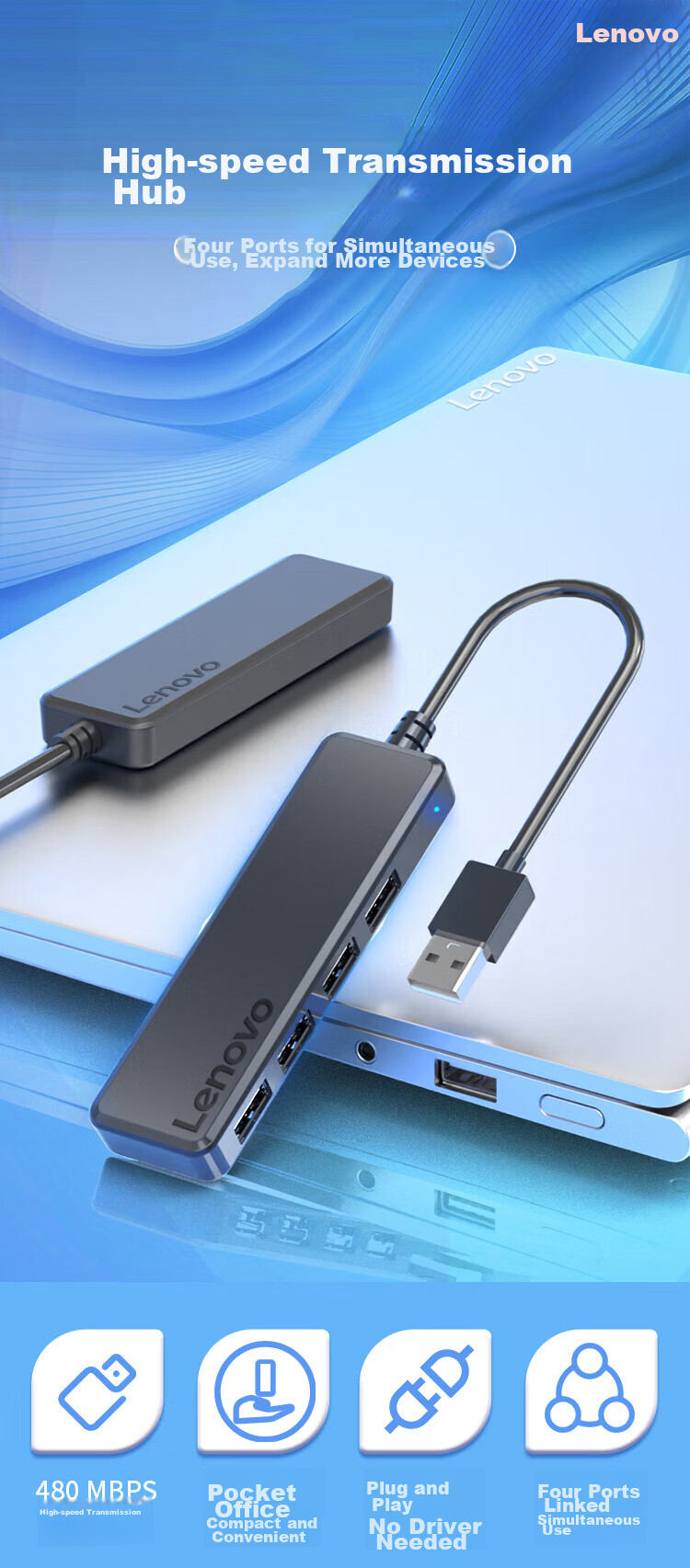 Lenovo USB Hub, 2.0 Interface Converter, High-Speed Expansion Dock, Charger Adapter, HUB Concentrator, Extension Cable, Expansion Dock Suitable for Laptops And Desktop Computers 1