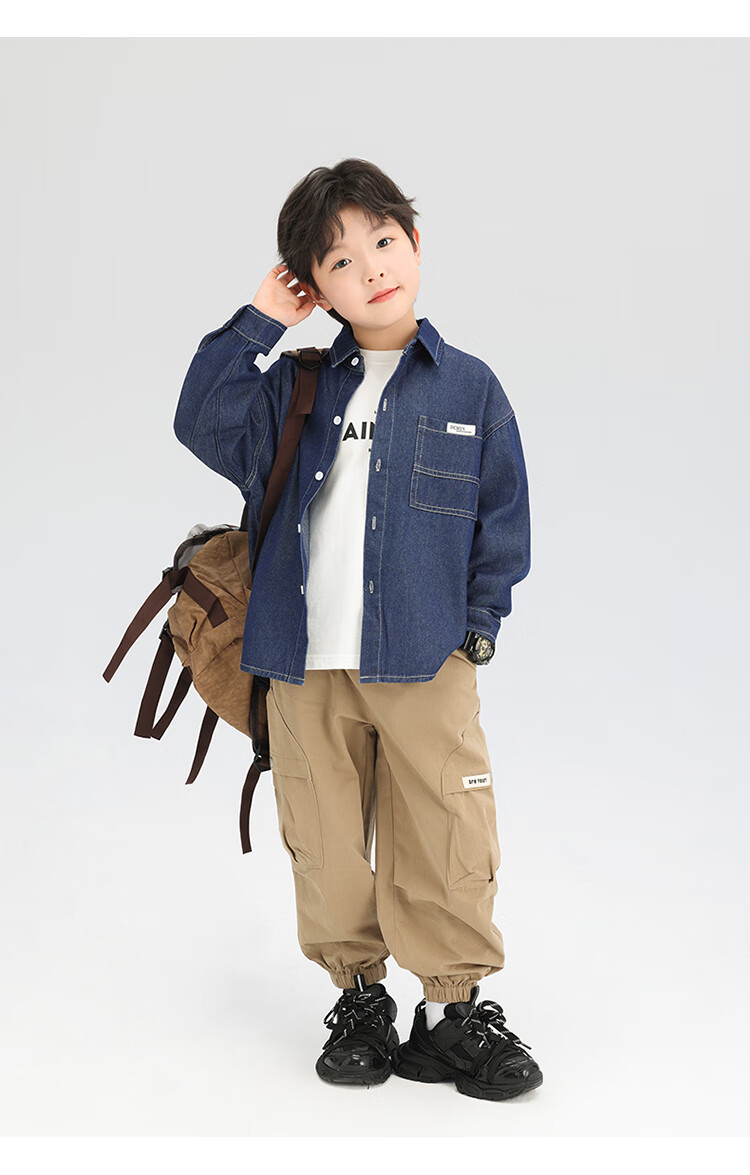 Zuo Xi Boys Denim Shirt Children's Jacket Long Sleeve 2025 New Spring Autumn Boys Shirt Dark Denim 160 6