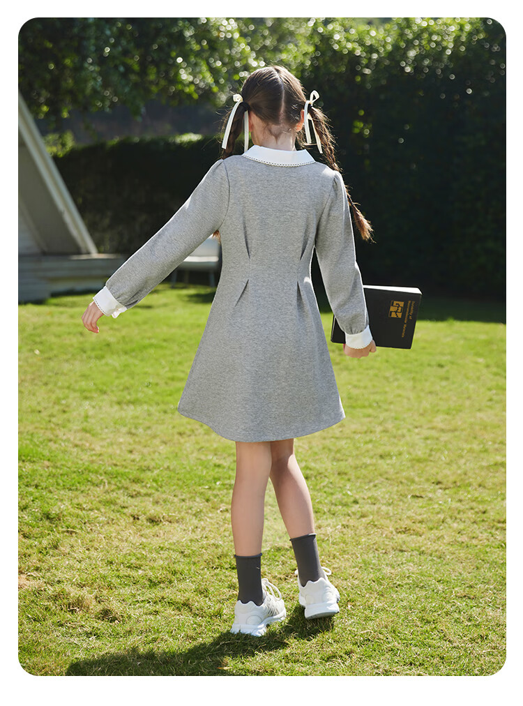 YEEHOO Girls' Dress, Children's Princess Dress, Big Kids' Dress, Preppy Style Long-Sleeve Dress, Autumn, Off-White, Size 165 8