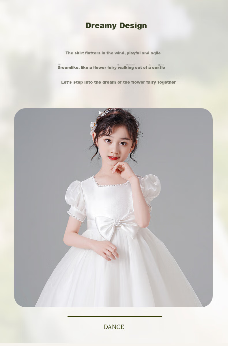 Luomeng Graduation Performance Host Dress, Girls' Graduation White Princess Dress, Birthday Flower Girl Piano, White, Size 160 2