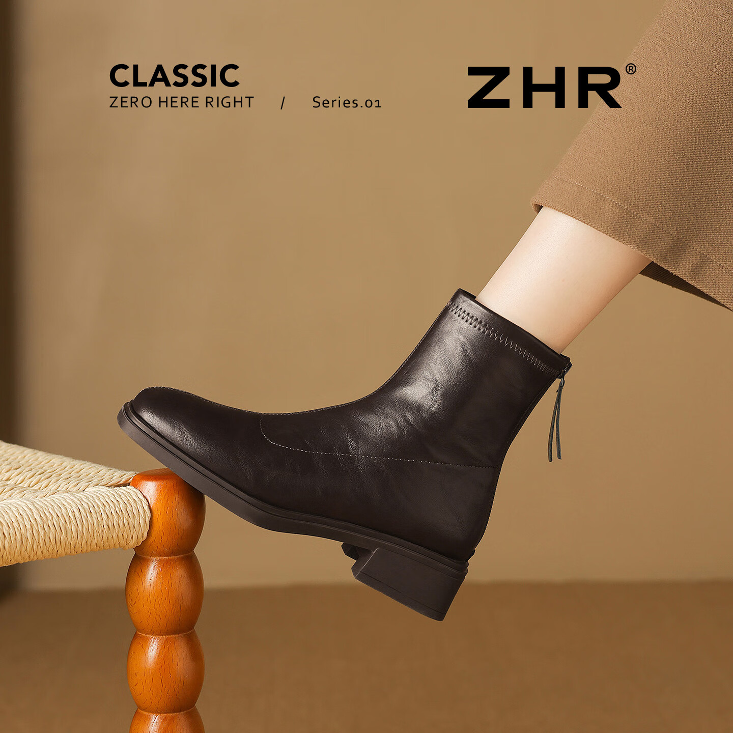 ZHR Women's Square Toe Short Boots 2025 Winter New Plush Stylish Ankle Boots Slim Fit BL663A Brown Size 37