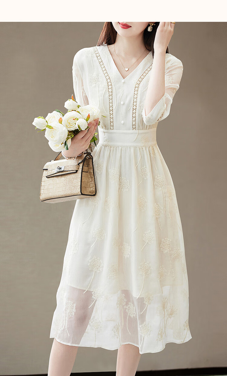 Dme [Xian Gan Embroidered Dress] Spring And Autumn V-Neck Hollow-Out Woven Strap Three-Quarter Sleeve Midi Dress for Women, Off-White, M 11
