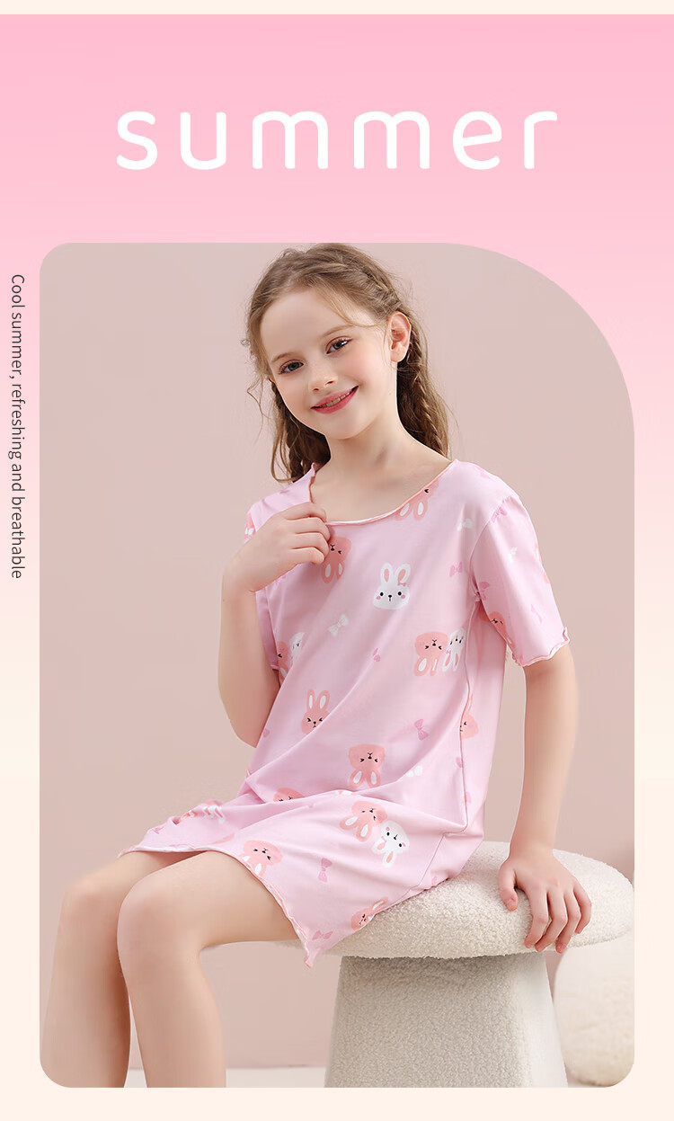 LangSha Children's Pajamas, Girls' Nightgown, Summer Thin Style, Cute Little Rabbit Pajamas, for Older Children's Loungewear Dress, Pink, Size 160 7