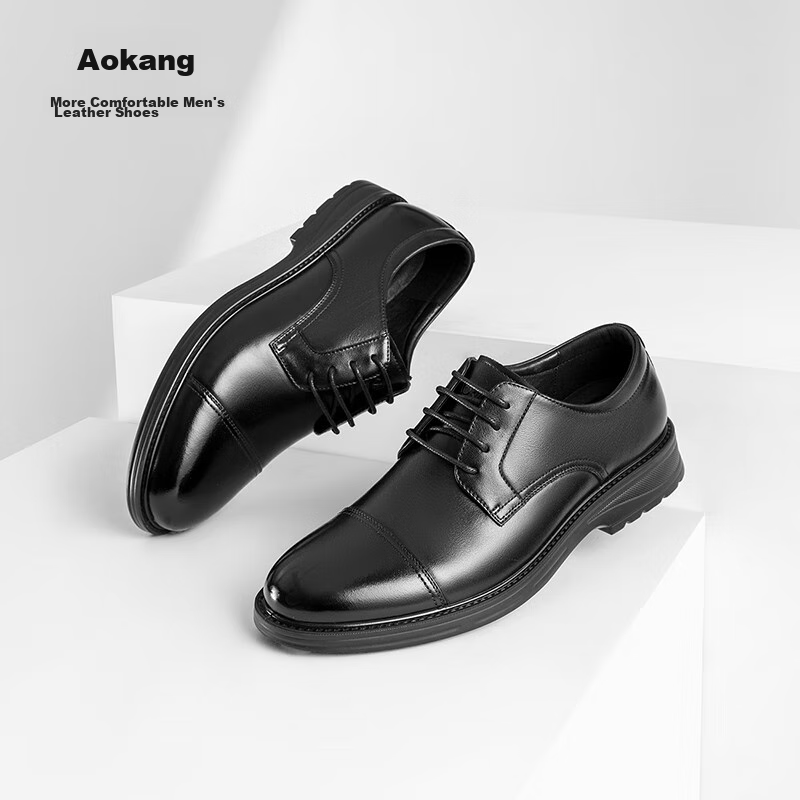 Aokang Business Formal Commuter Derby Shoes, Cowhide Comfortable Three-Joint Leather Shoes for Men, Black, Size 41