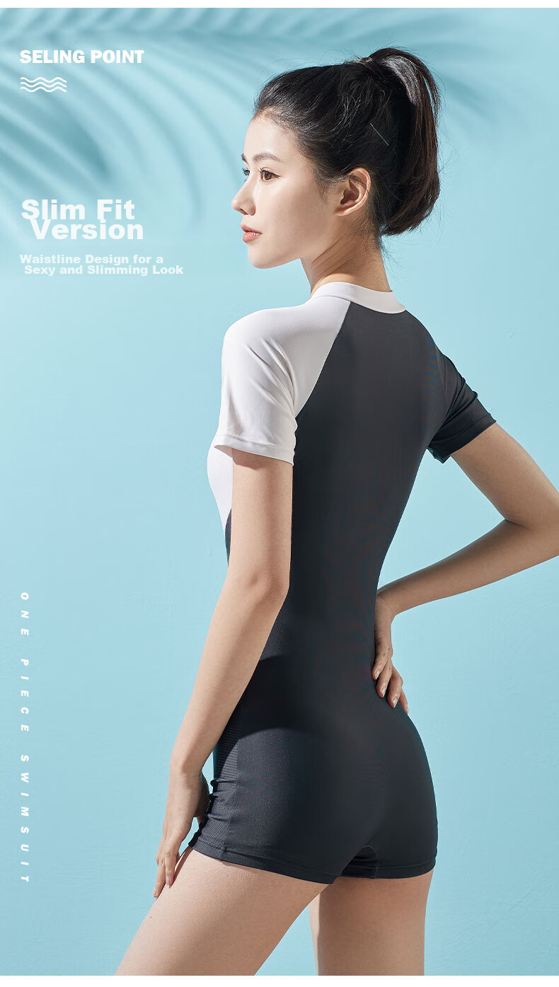 Li-Ning One-Piece Swimsuit for Women, Boyshort Style, Body-Shaping, Waist-Cinching, Contrasting Colors, High-Elasticity, Breathable, Hot Spring Resort Swimwear, 028 Black And White, Size L 7