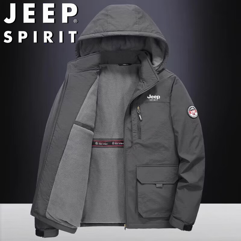 JEEP SPIRIT Men's Autumn Winter Outdoor Casual Fleece Lined Thickened Jacket Black 3XL