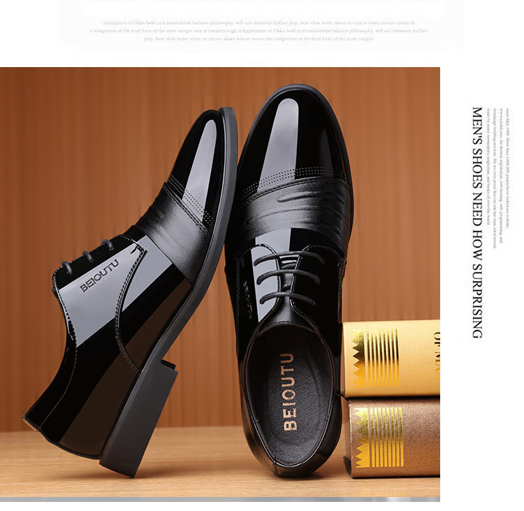 BEIOUTU Leather Shoes for Men, Business Formal Shoes, British Style Low-Cut Lace-Up Patent Leather Wedding Shoes, 2813 Black, Size 42 8