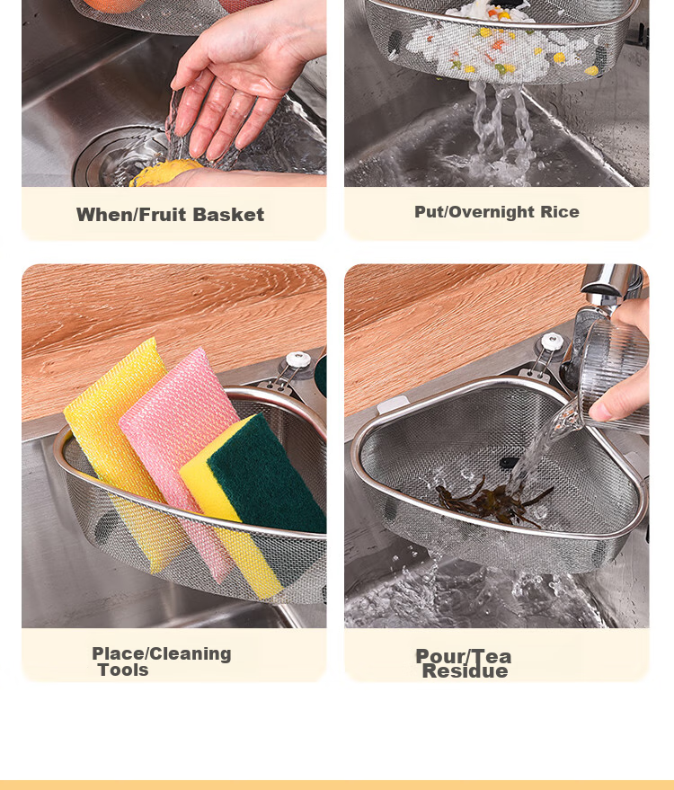 Dipuer Triangular Sink Strainer, Stainless Steel Kitchen Utensil, Multifunctional Drainage, Leftover Food Residue Drainer, Storage Rack 6