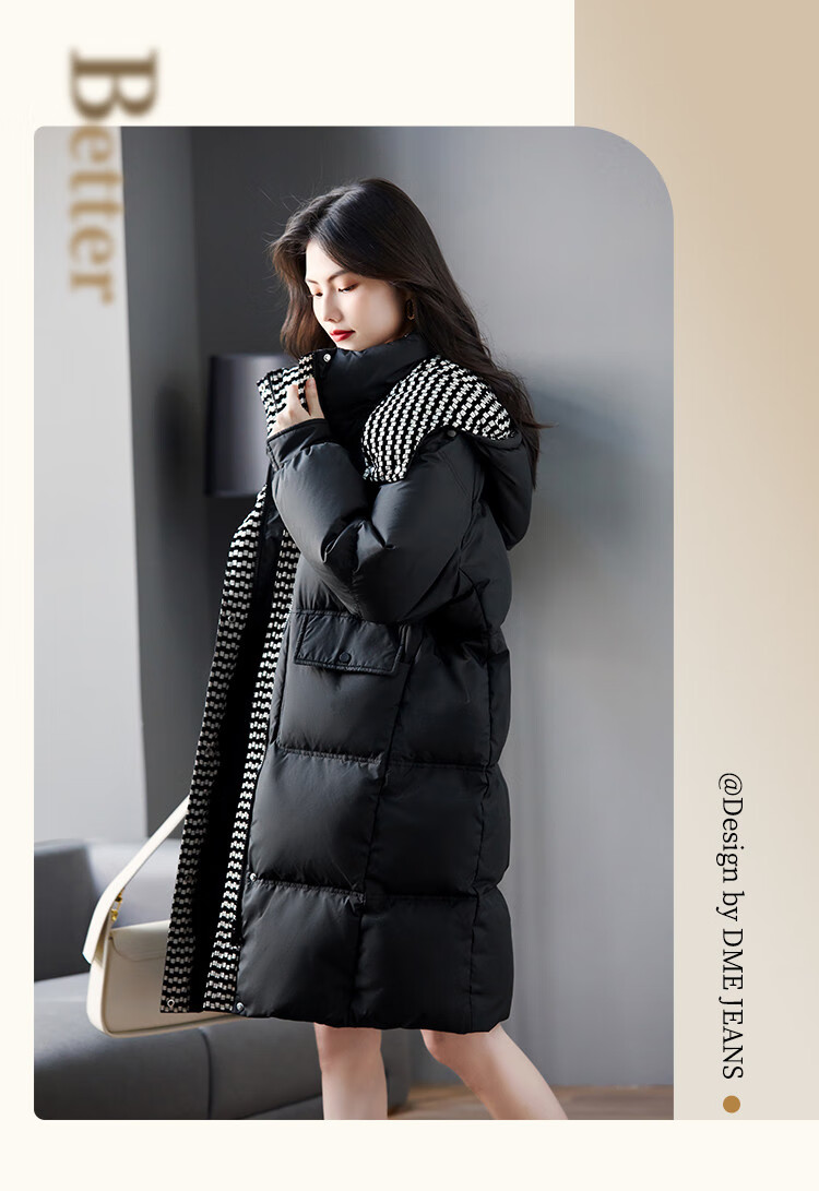 Dme [90% Down Thickened Warm down] Winter Coat with Houndstooth Pattern Patchwork Over-Knee Mid-Length down Jacket for Wome 3