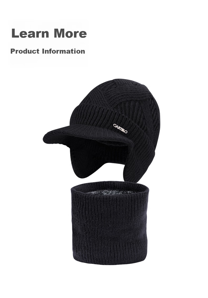 CARTELO Men's Hat, Autumn And Winter Warm Knitted Cap, Fleece-Lined Thickened Cycling Cold-Proof Knitted Hat And Neck Gaiter Two-Piece Set 17