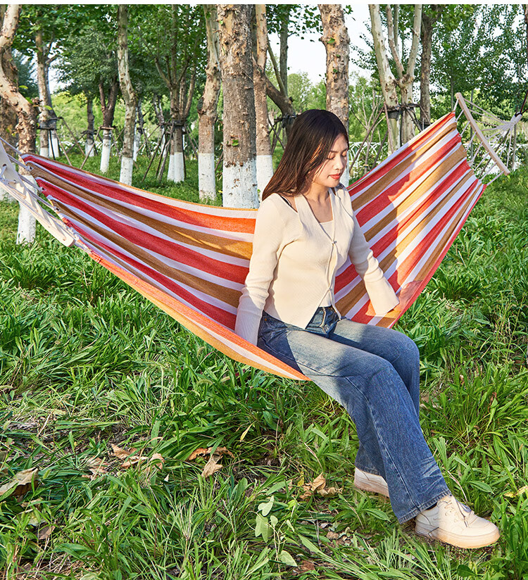 Suncojia Outdoor Hammock, Camping Beach Swing, Wooden Pole Anti-Rollover Hanging Chair, Widened Single Dormitory Hanging Basket 9