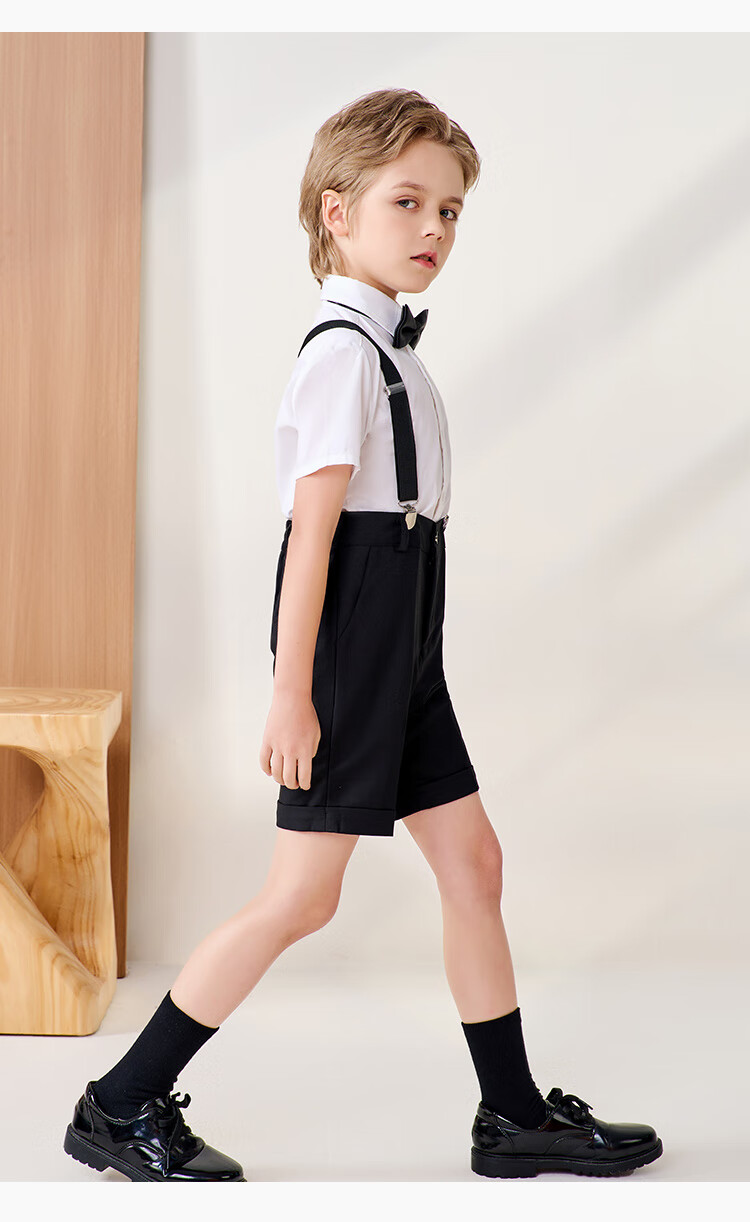 Luomeng Boys' Formal Wear Summer Children's Graduation Performance Outfit Kindergarten Suspender Pants Flower Girl Black Set 140 6