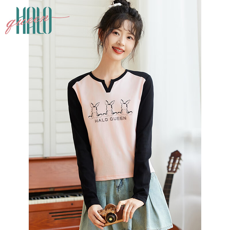 Halo Queen Long-Sleeve T-Shirt for Women, Wilderness Maillard Style Spring And Autumn Raglan Sleeve Rabbit Base Shirt Casual New Product H143T2017