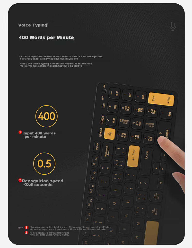 Mimouse KB6AI Smart Keyboard AI Writing PPT Drawing Video Conference Voice Typing Translation Wireless Bluetooth Office Keyboard Black 12