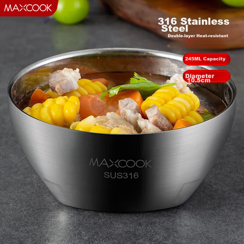 Meichun (Maxcook) 316 Stainless Steel Bowl, Double-Layer Insulated Soup Bowl, Tableware Noodle Bowl 10.5cm MCWA428