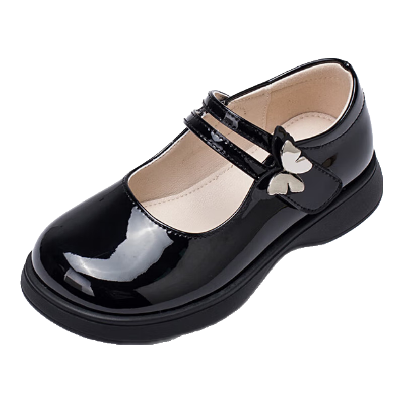 Follow Me Girls' Leather Shoes, Children's Princess Shoes, Versatile School Performance Shoes, Square-Toe Flats, Black, Size 26