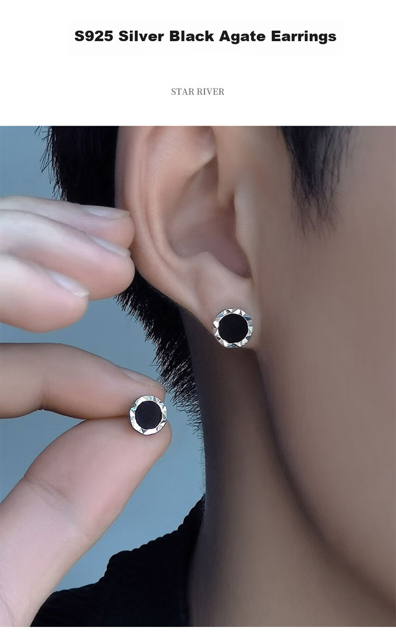 Dijing 925 Sterling Silver Stud Earrings for Men, Single Pair, Cool And Stylish High-End Look, Black Earrings, Birthday Gift for Me 1