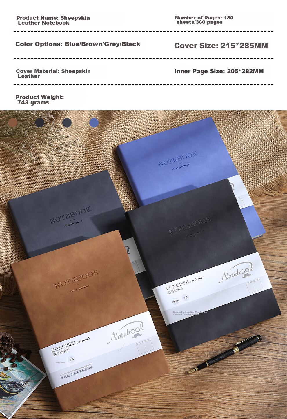 Faramon A4 Notebook, 360 Pages, Business Notebook, Thick Leather Cover, Vintage Office Stationery, Diary, Meeting Record Book, Blue 6