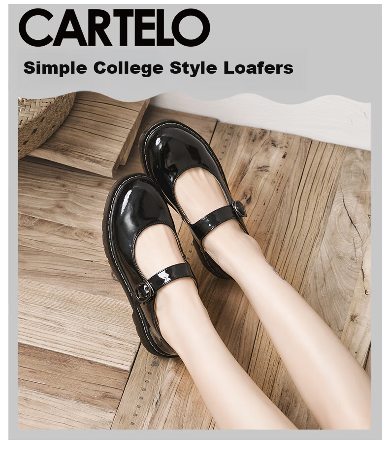 CARTELO Women's Leather Shoes, Mary Jane Shoes, Student Performance Shoes, KDLYJ-WF162, Black Patent Leather, Size 37 1