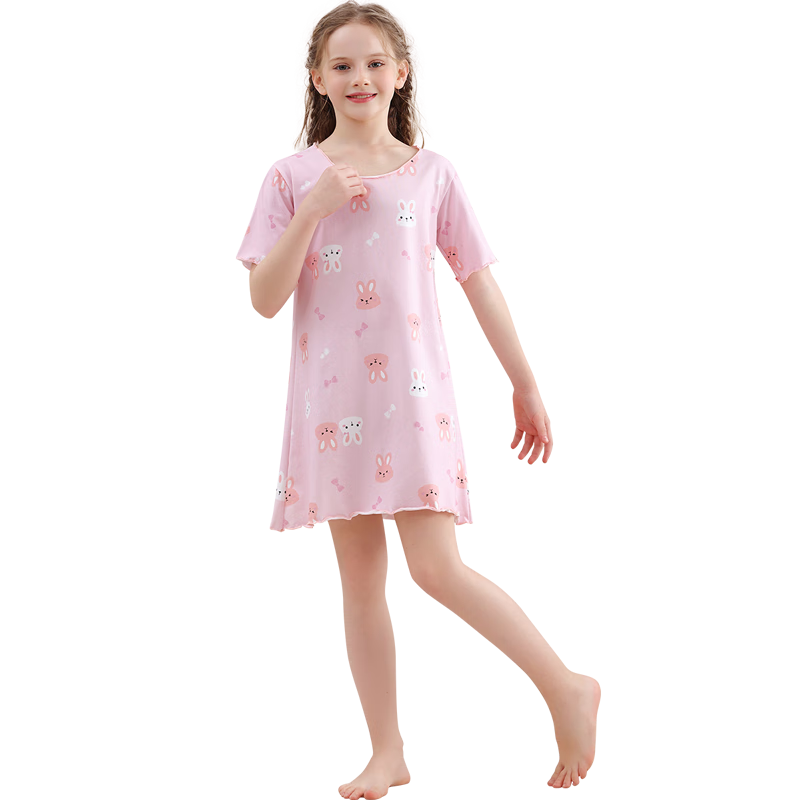 LangSha Children's Pajamas, Girls' Nightgown, Summer Thin Cute Rabbit Sleepwear, Big Kids' Loungewear Dress, Pink, Size 140