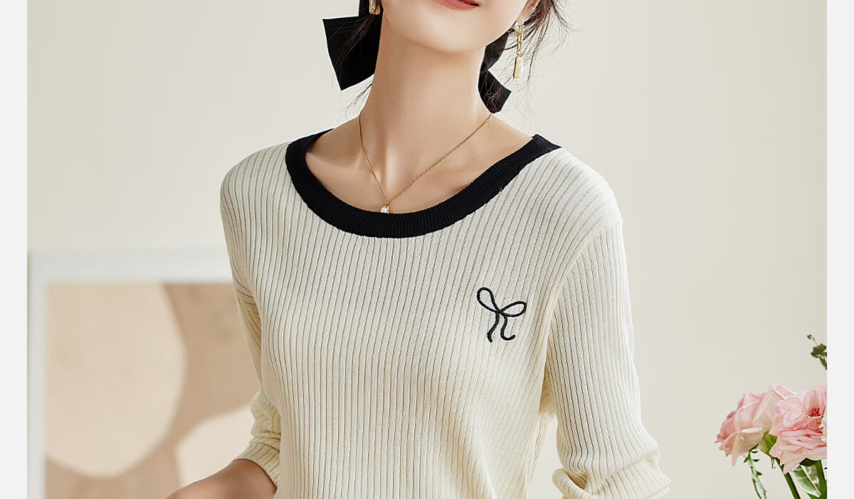 PinCai Women's Knit Sweater, Early Autumn Round Neck Bow Embroidery Knit Top, Slim-Fit Base Layer Sweater P143Z3009 3