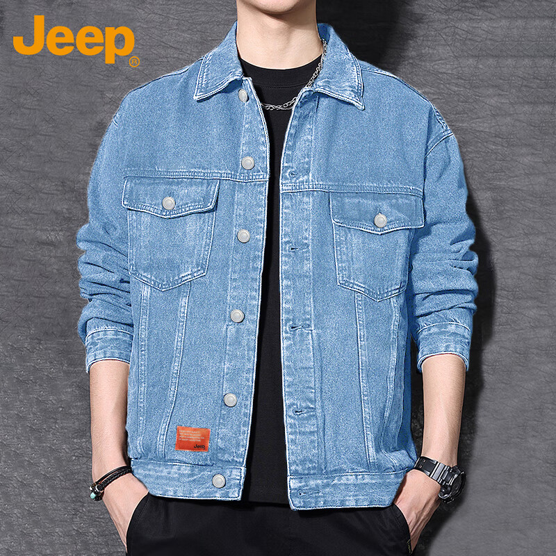 JEEP Men's Denim Jacket Autumn Winter Workwear Black Casual Shirt Blue L