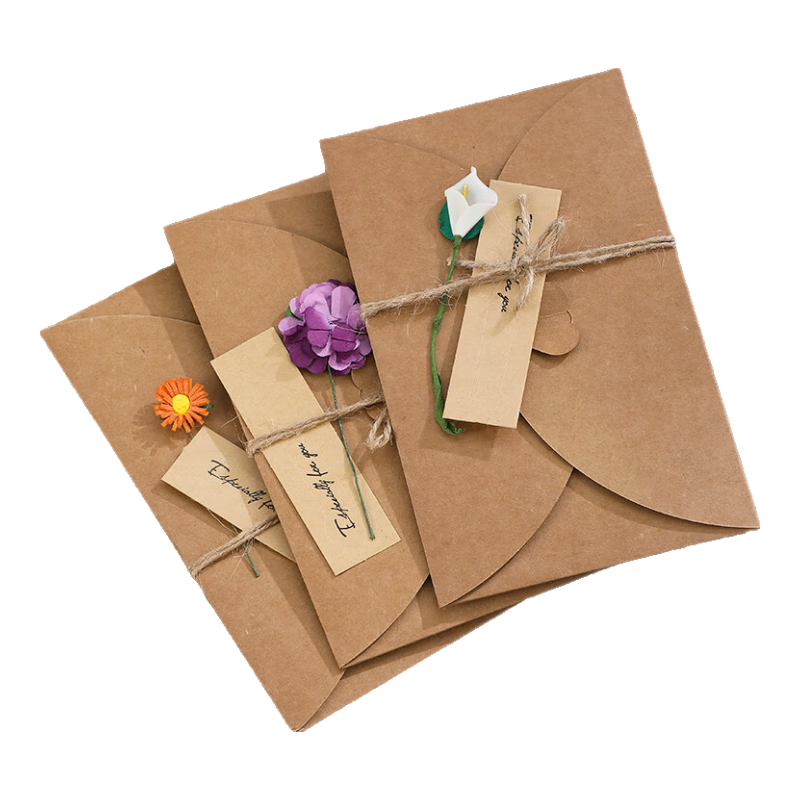 Faramon 3-Pack Creative Vintage Kraft Paper Greeting Cards with Dried Flowers Bouquet for Mid-Autumn Festival, Birthday Gift, Handwritten Letter Paper, Envelope, Postcard