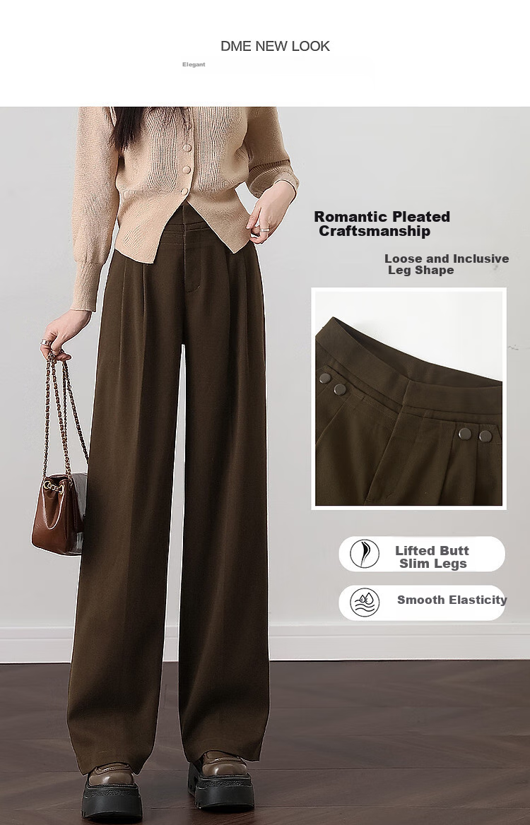 DME "Unconditionally Inclusive Leg Shape" Autumn Minimalist Design Patchwork Pleated Hem Decorative Button Straight Tube Concealed Meat Casual Pants 3