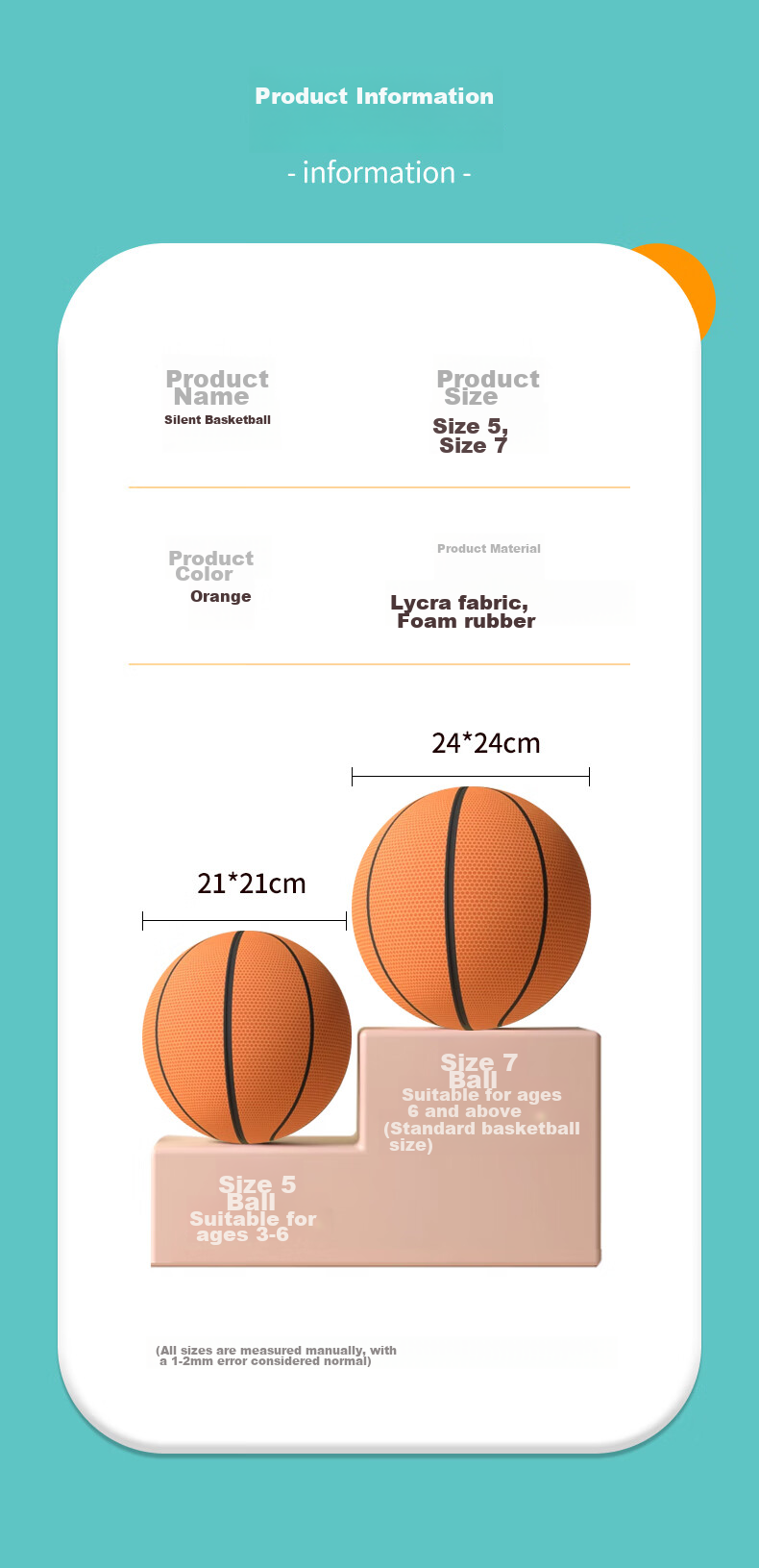 Babamama Silent Basketball Leather Ball Children's Toy for Ages 3-6 Indoor Bounce Ball Size 7 Sports Equipment Gift for Boys 10