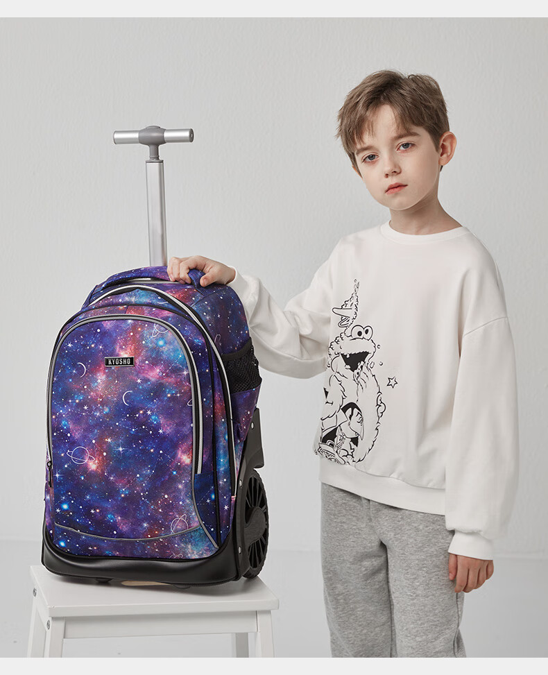 Kyosho Elementary School Student Backpack for Girls And Boys, Children's Spine-Protecting And Load-Reducing Trolley Suitcase with Large Capacity, Blue Starry Sky 12