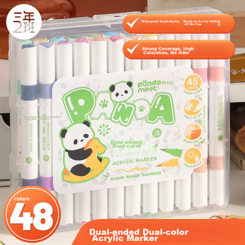 Sannianerban Panda 48-Color Dual-Tip Acrylic Markers, Children's Kindergarten Soft Tip Oil-Based Watercolor Pens, Drawing Pens, Washable Colored Pens, Birthday Graduation Gift Stationery New Year's Day Festival 48 Colors